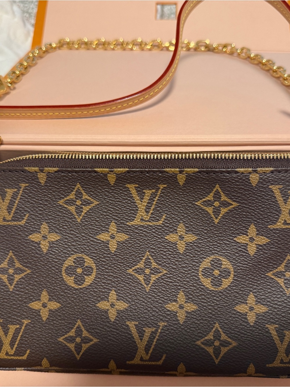 BNWT-Louis Vuitton Monogram Pouchette with Gold and Leather from Paris Location